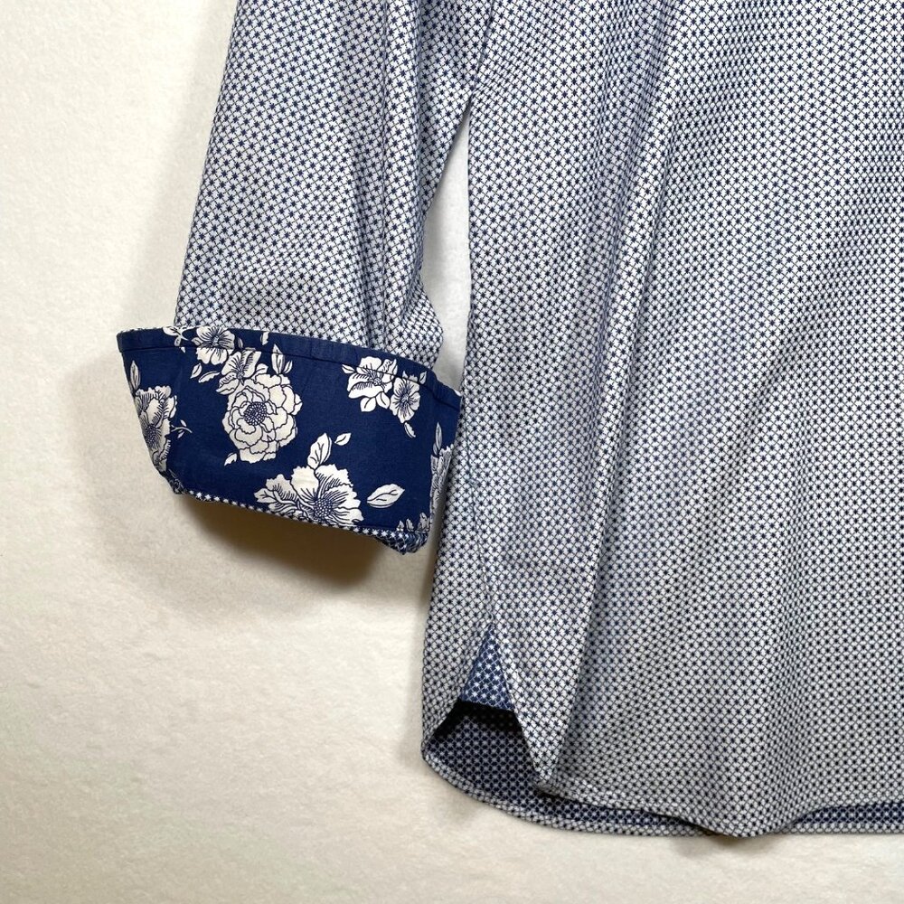 Ted Baker Endurance Navy White Printed Long Sleeve Button Up Shirt Size 16 32/33 - Picture 4 of 10
